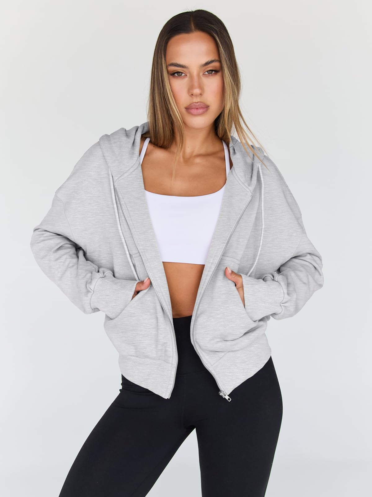 Trendy Queen Womens Zip Up Hoodies Cropped Jackets Fall Outfits 2026 Grey