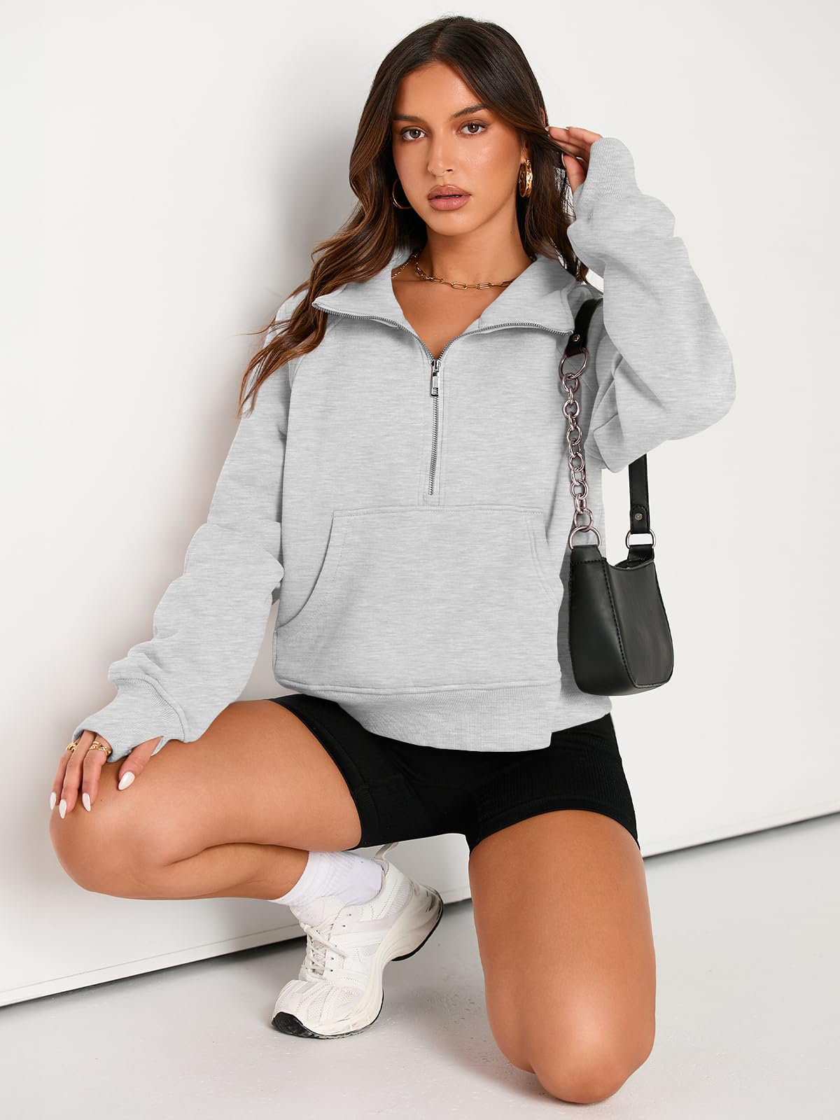 AUTOMET Womens Sweatshirts Half Zip Fleece Pullover Fall Outfits Grey