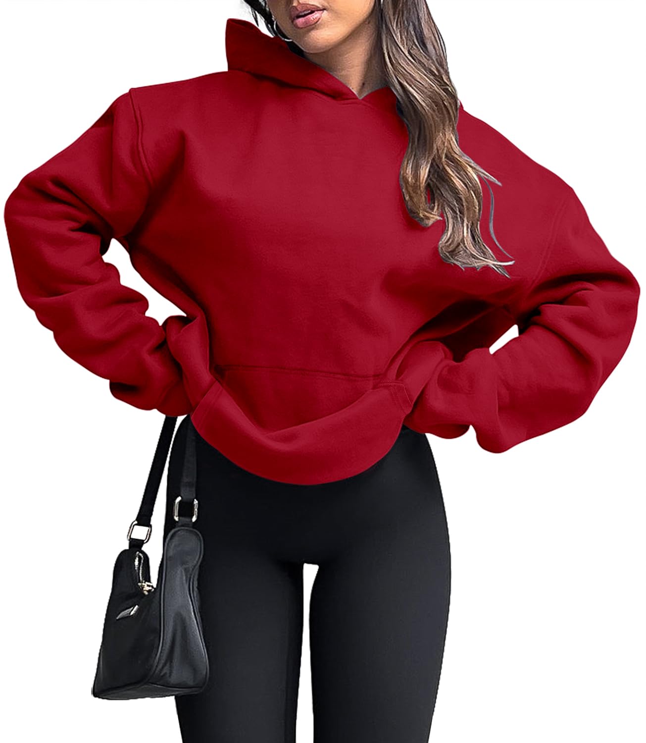 onlypuff Hoodies for Women Red Oversized Sweatshirts Hooded Pullover Casual Workout Soft Fall Fashion Outfits Winter Clothes M