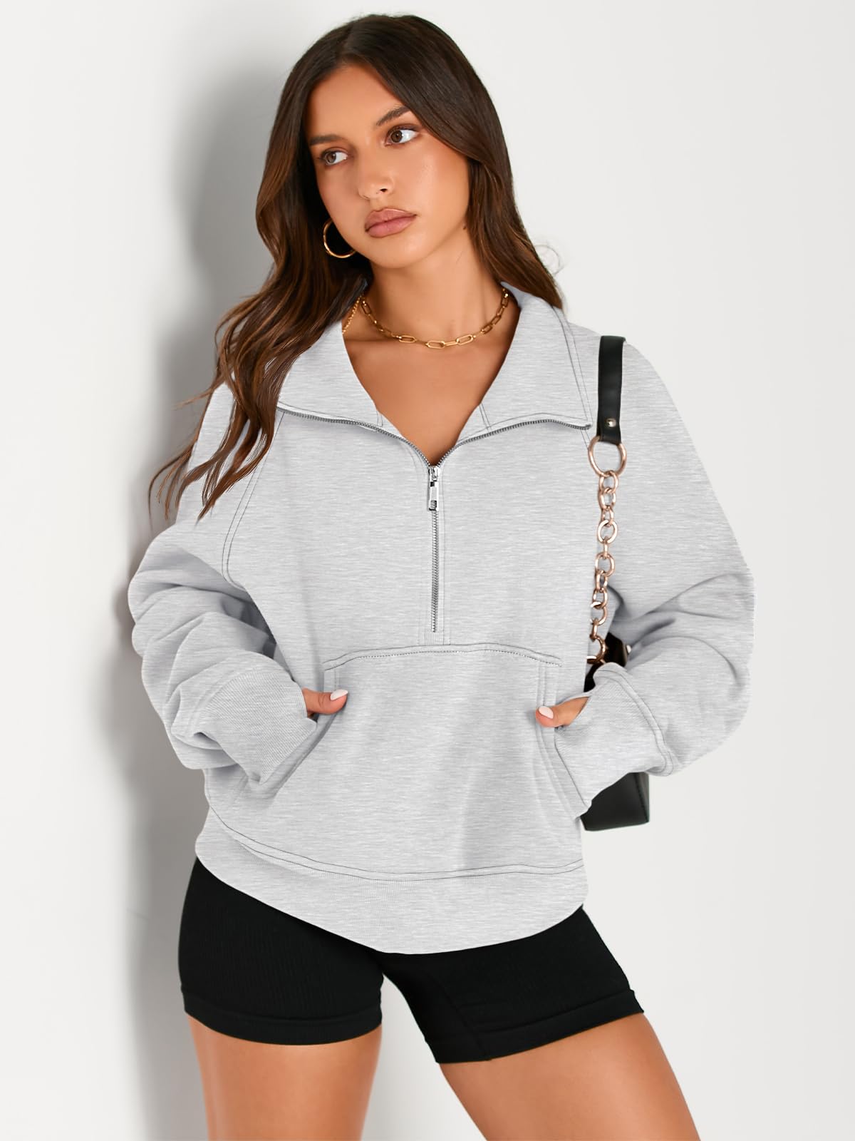 AUTOMET Womens Sweatshirts Half Zip Fleece Pullover Fall Outfits Grey