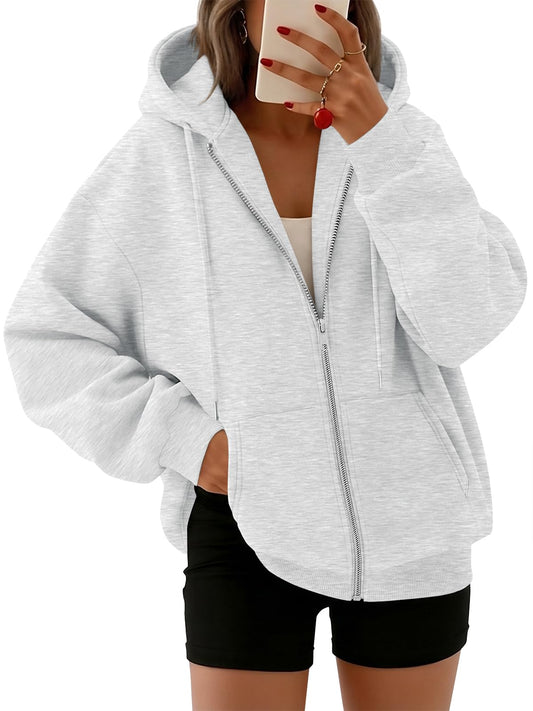 Trendy Queen Womens Zip Up Hoodies 2026 Oversized Sweatshirt Grey M