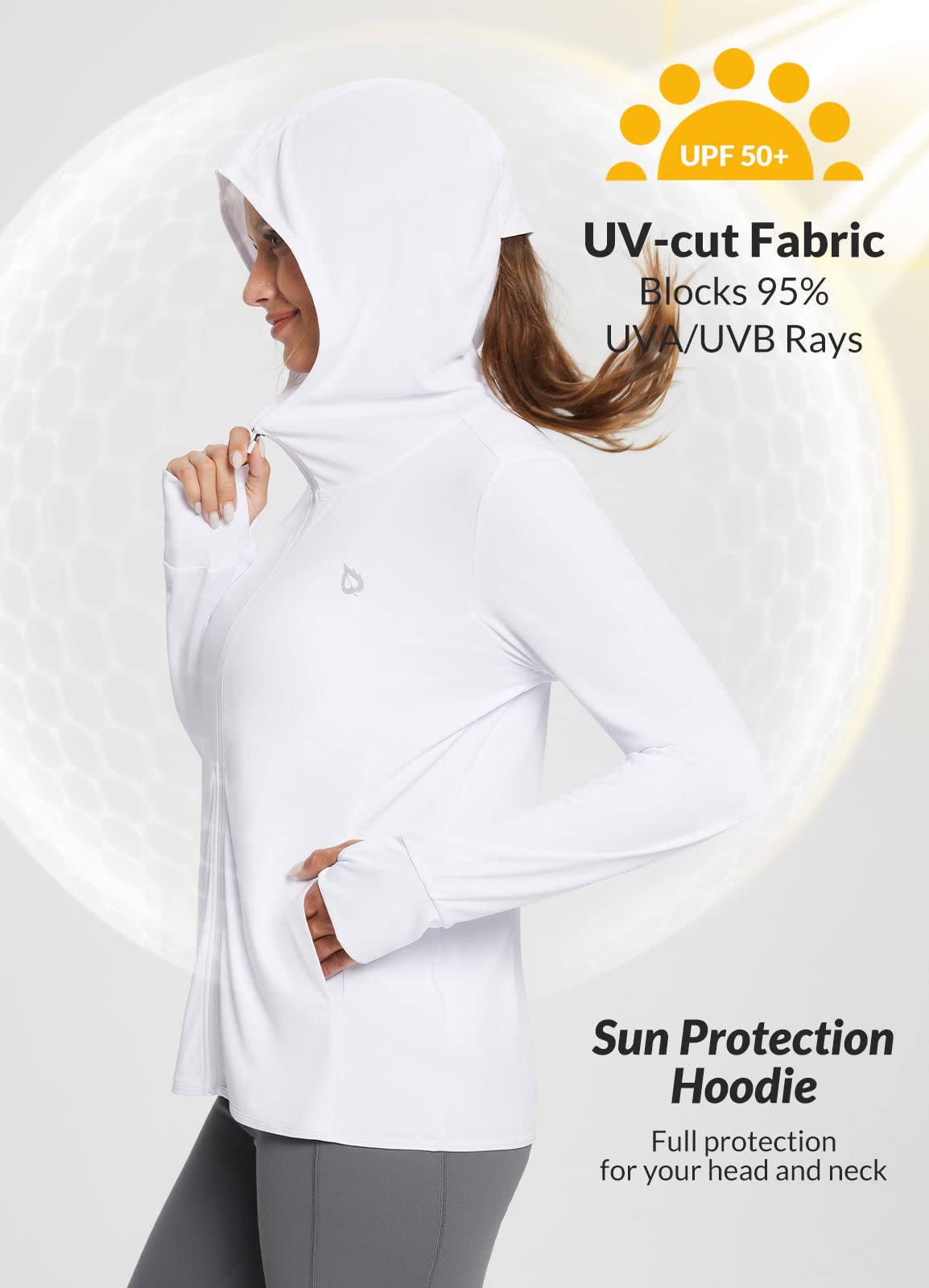 baleaf Women's UPF 50+ Sun Protection Jacket Lightweight UV Long Sleeve Hoodie for Hiking Outdoor Travel Fishing White S