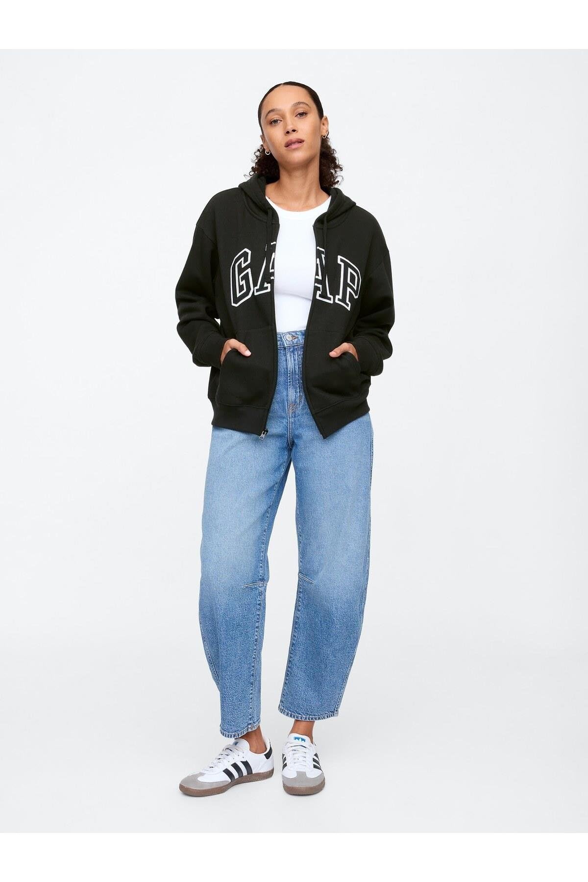 GAP Women's Logo Hoodie Hooded Full Zip Sweatshirt, True Black II, Large