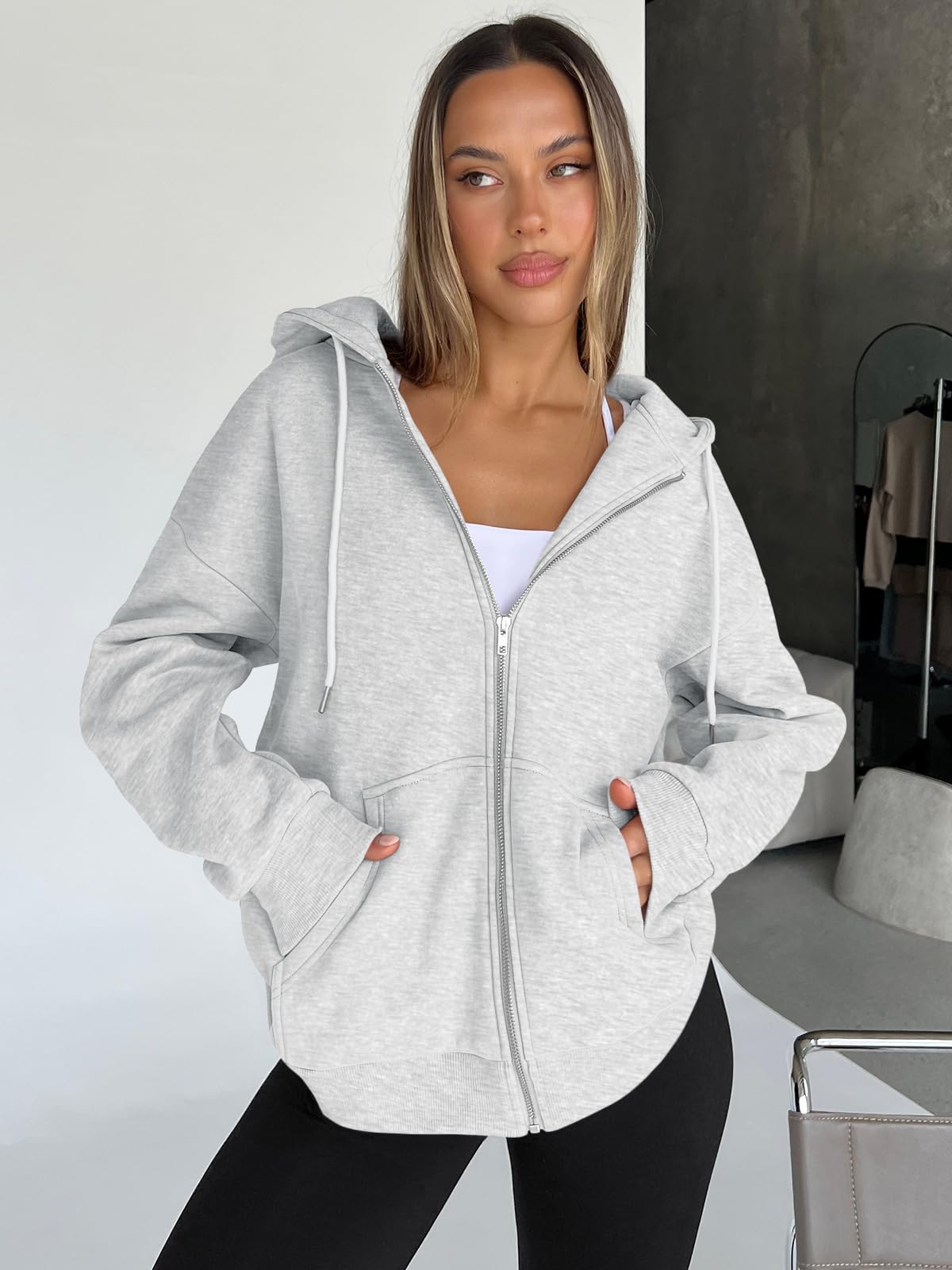 Trendy Queen Womens Zip Up Hoodies 2026 Oversized Sweatshirt Grey M
