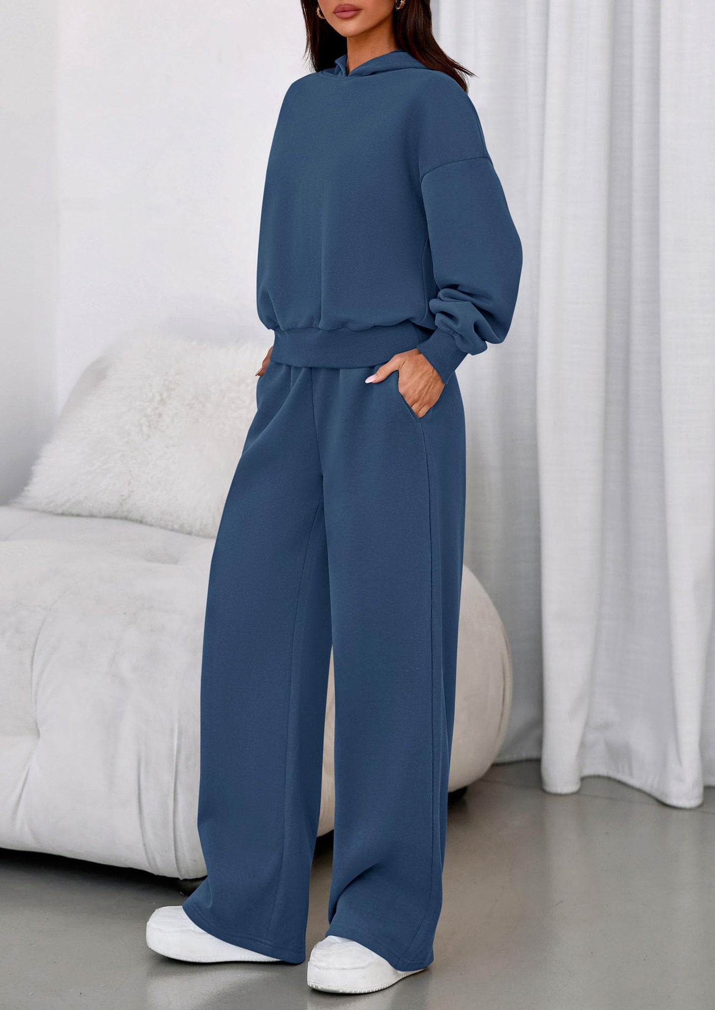 PRETTYGARDEN Womens Sweatsuits 2 Piece Set 2026 Casual Winter Long Sleeve Hoodie Loose Wide Leg Sweatpants Fall Tracksuit (Grey Blue,Small)