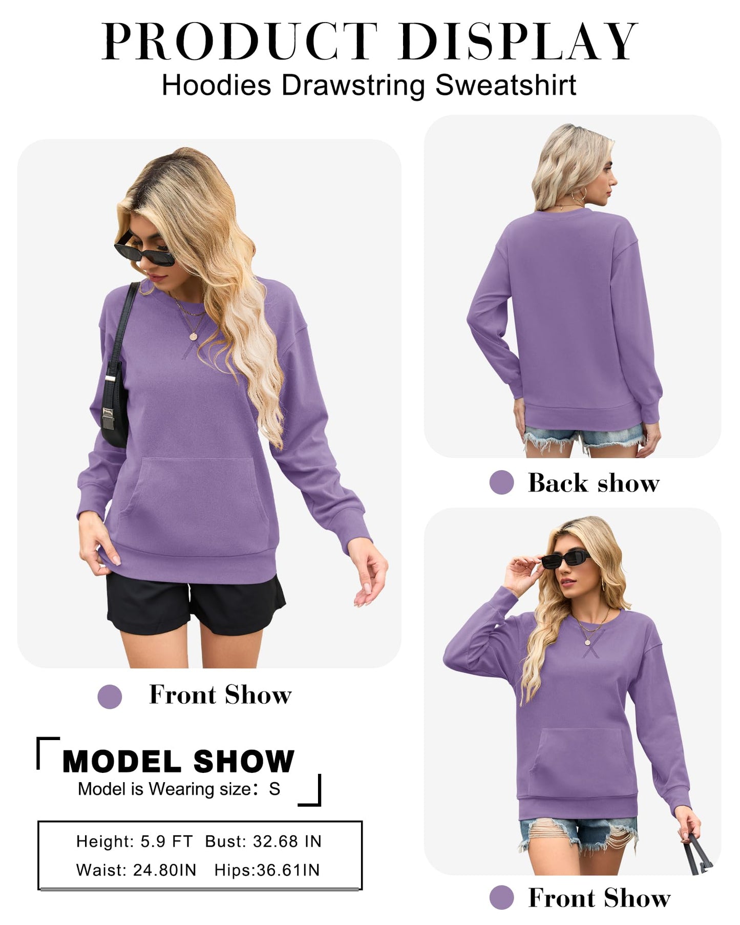 AUSELILY Crewneck Hoodless Hoodies Women Purple Sweatshirt Kangaroo Pockets
