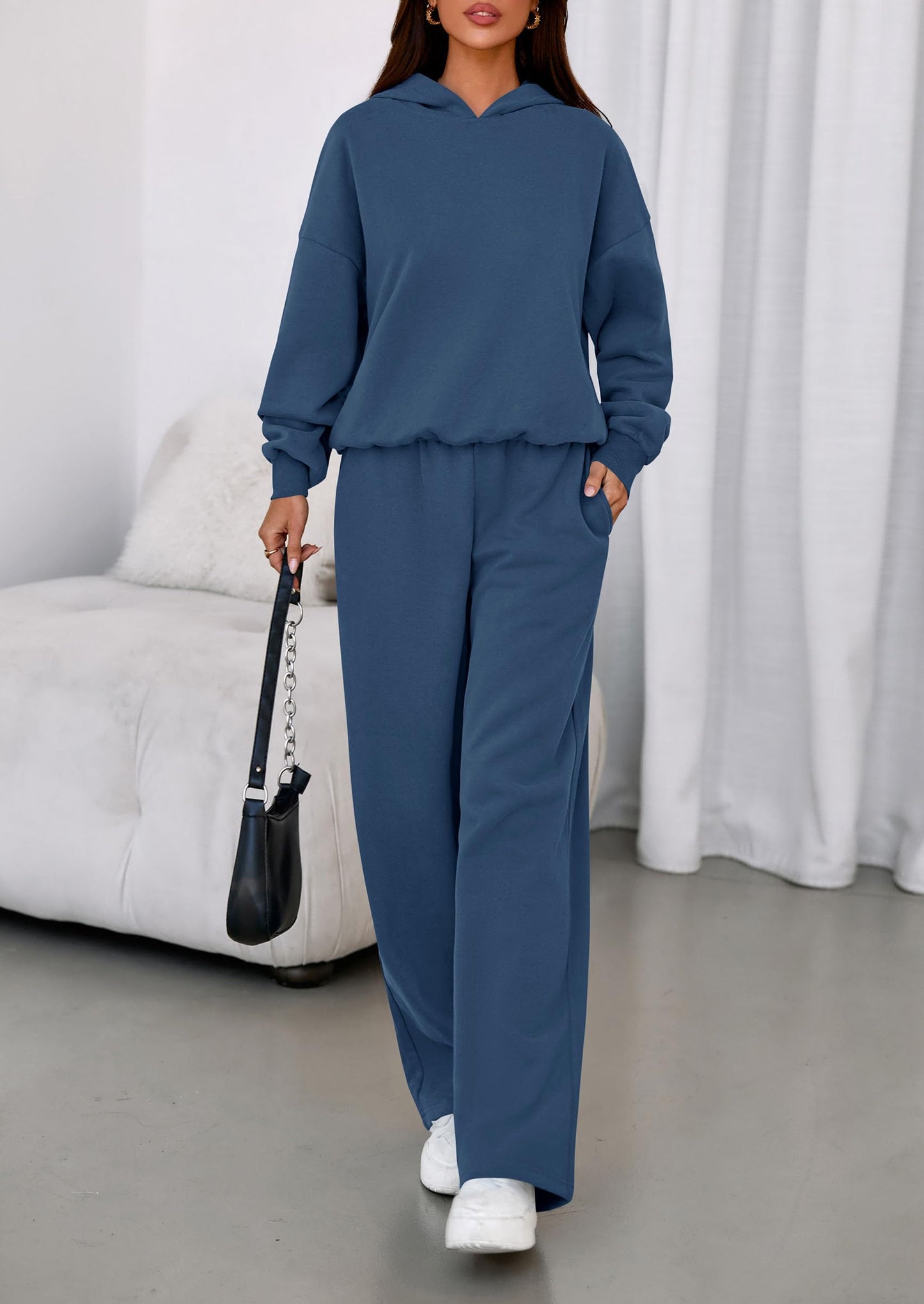 PRETTYGARDEN Womens Sweatsuits 2 Piece Set 2026 Casual Winter Long Sleeve Hoodie Loose Wide Leg Sweatpants Fall Tracksuit (Grey Blue,Small)