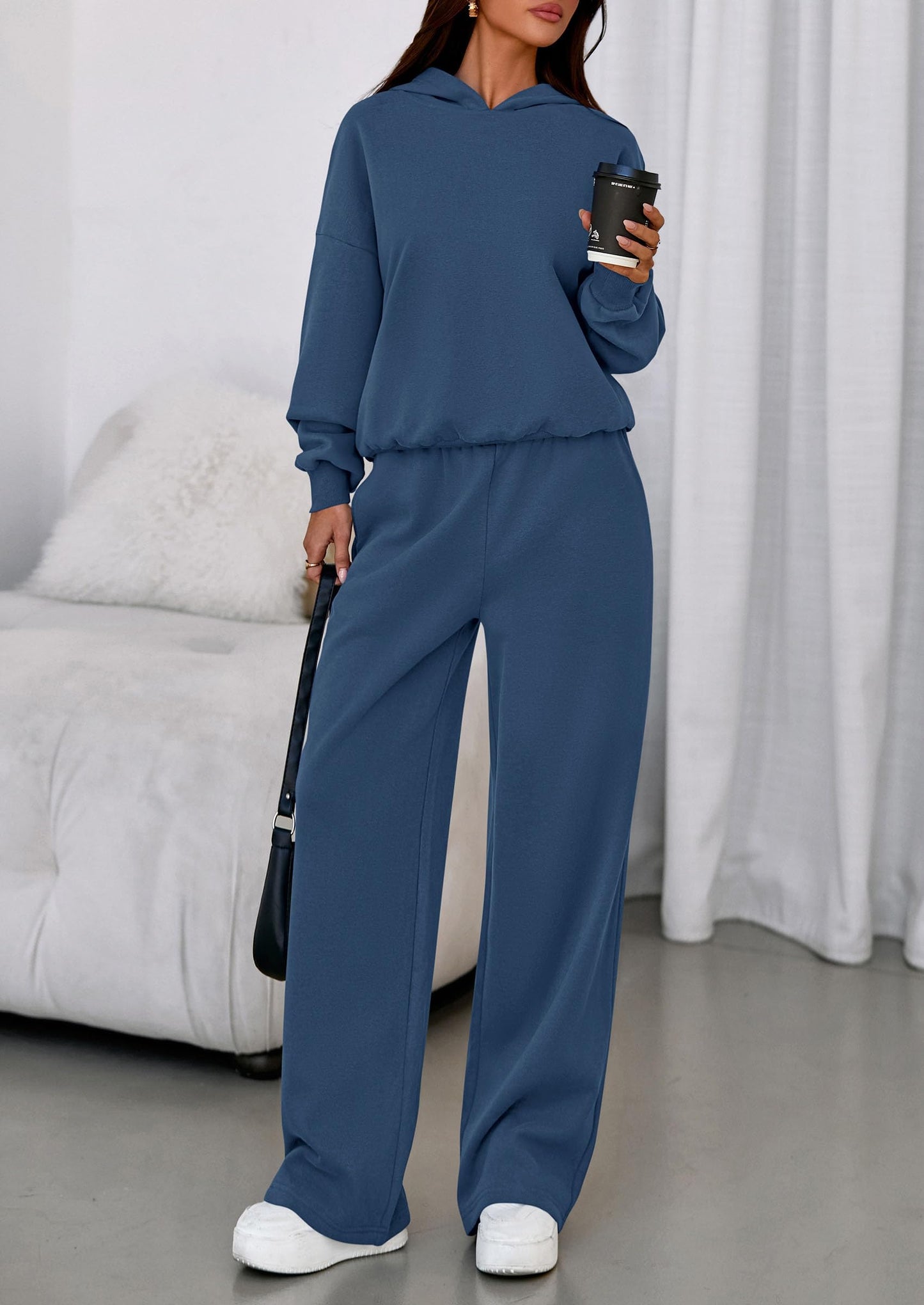 PRETTYGARDEN Womens Sweatsuits 2 Piece Set 2026 Casual Winter Long Sleeve Hoodie Loose Wide Leg Sweatpants Fall Tracksuit (Grey Blue,Small)
