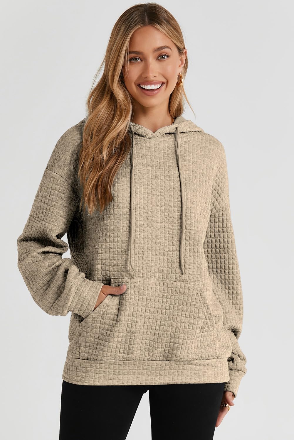 SHEWIN Womens Hoodies Casual Long Sleeve Drawstring Waffle Hoodie Pullover Sweatshirts Loose Hooded Sweatshirt for Women Trendy Fall Tops,US 12-14(L),Khaki