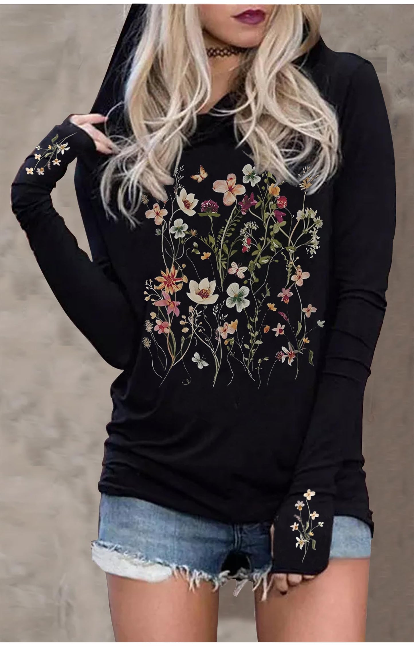 CHUNTIANRAN Hoodies for Women Floral Graphic Pullover Tops Ladies Lightweight Sweatshirts Hoodie Fall Tops Trendy Essentials Hoodies(Floral Black-2,Large)
