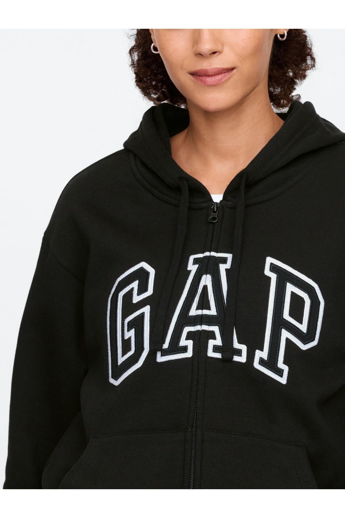 GAP Women's Logo Hoodie Hooded Full Zip Sweatshirt, True Black II, Large