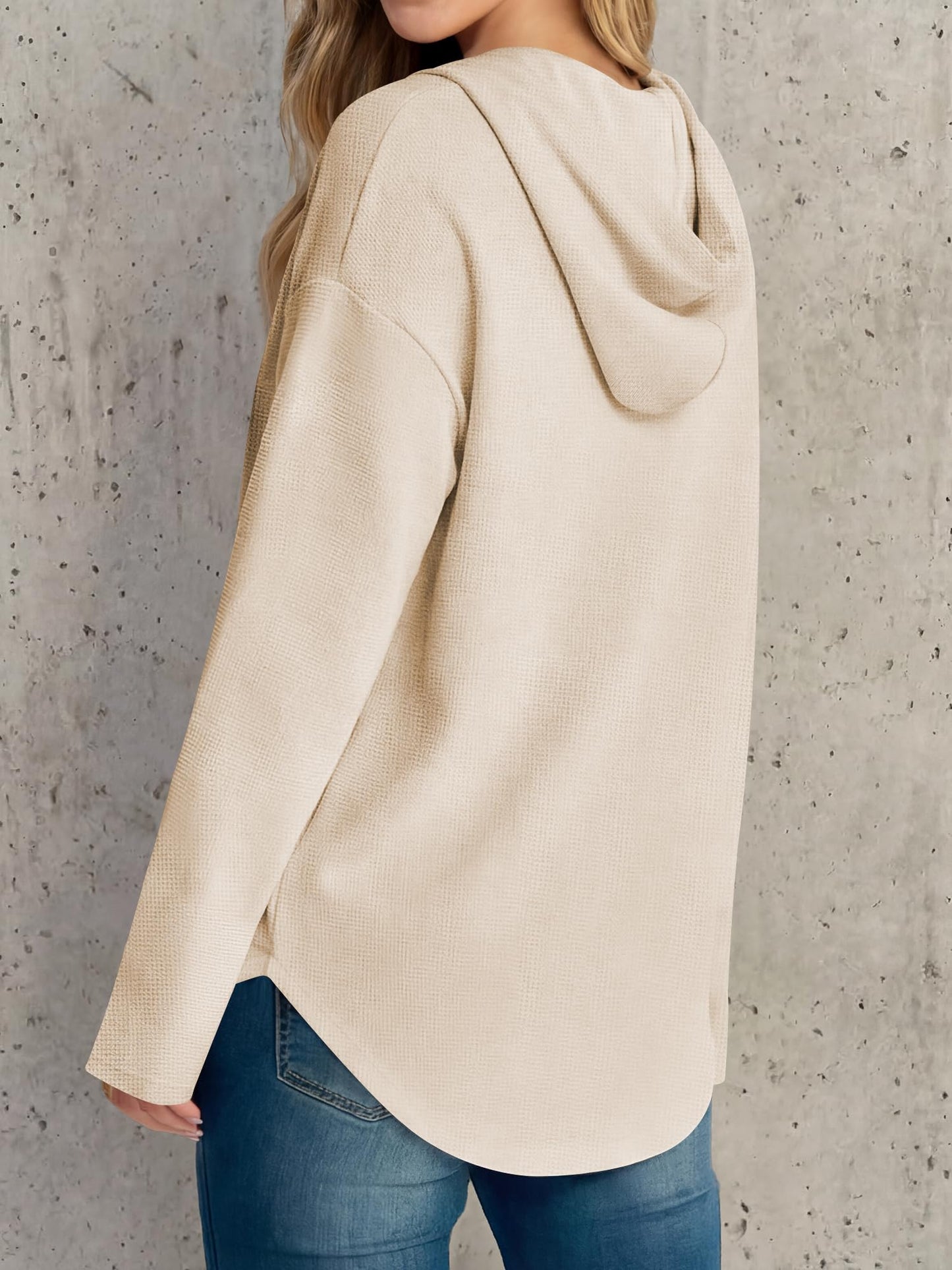 ANRABESS Waffle Knit Hoodies for Women Lightweight Sweatshirt Beige L