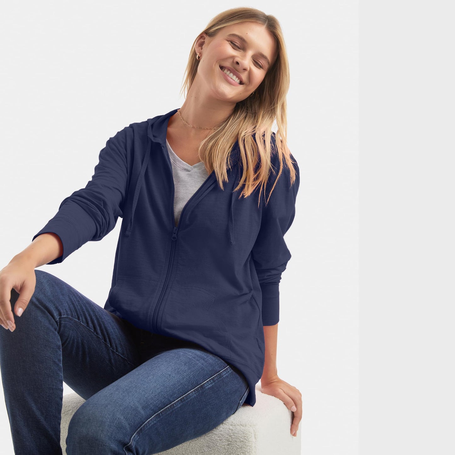 Hanes Womens Slub Knit Full-zip Hoodie, Textured Cotton Zip-up T-shirt For Fashion-hoodies, Navy, X-Large US