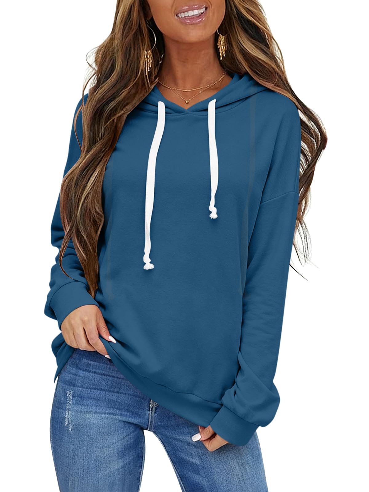 EasyGala Womens Casual Lightweight Hoodies Drawstring Long Sleeve Shirts Comfy Sweatshirt Loose Pullover Top Trendy Fall Clothes Winter Fashion Outfits 2026 Blue Medium