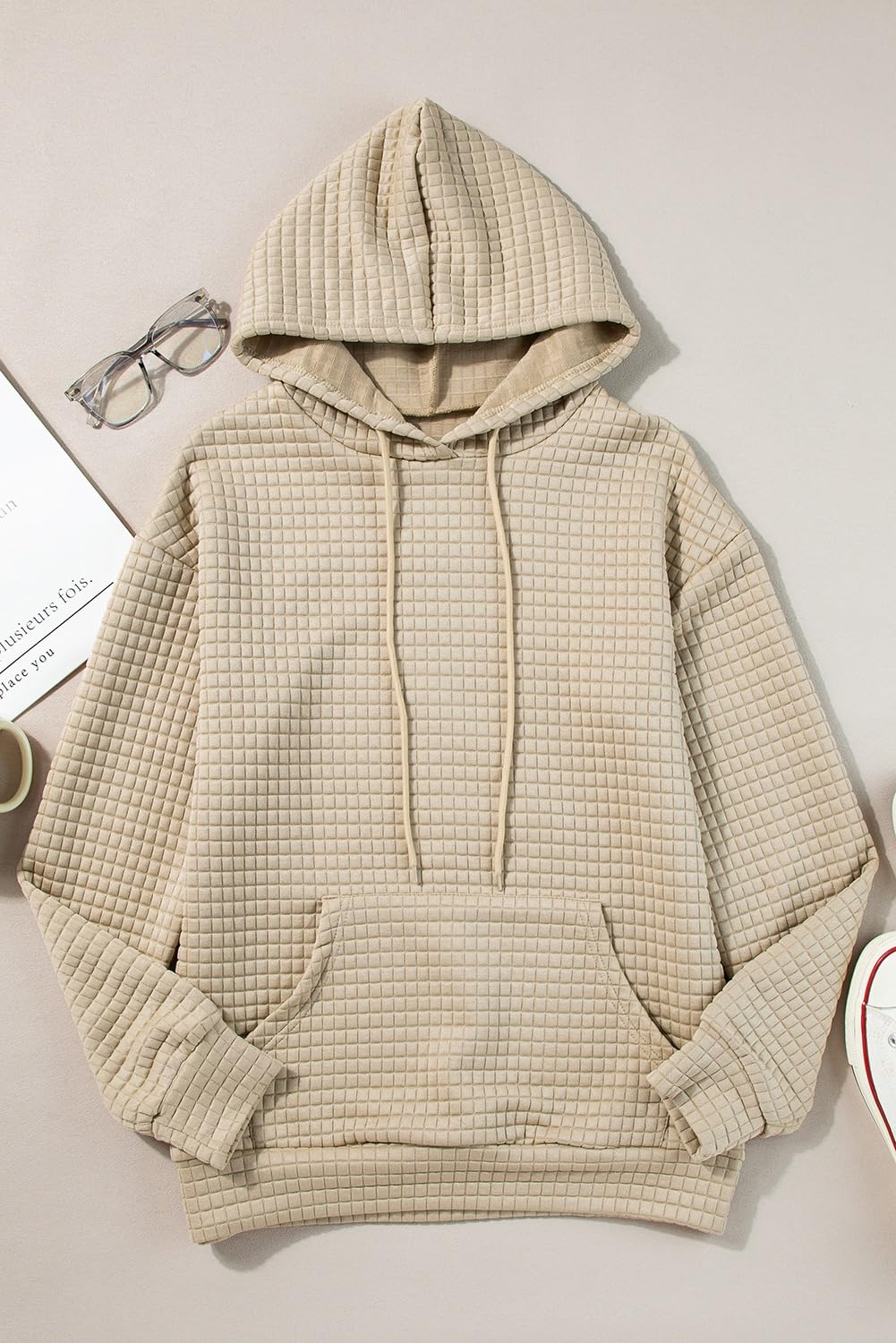 SHEWIN Womens Hoodies Casual Long Sleeve Drawstring Waffle Hoodie Pullover Sweatshirts Loose Hooded Sweatshirt for Women Trendy Fall Tops,US 12-14(L),Khaki