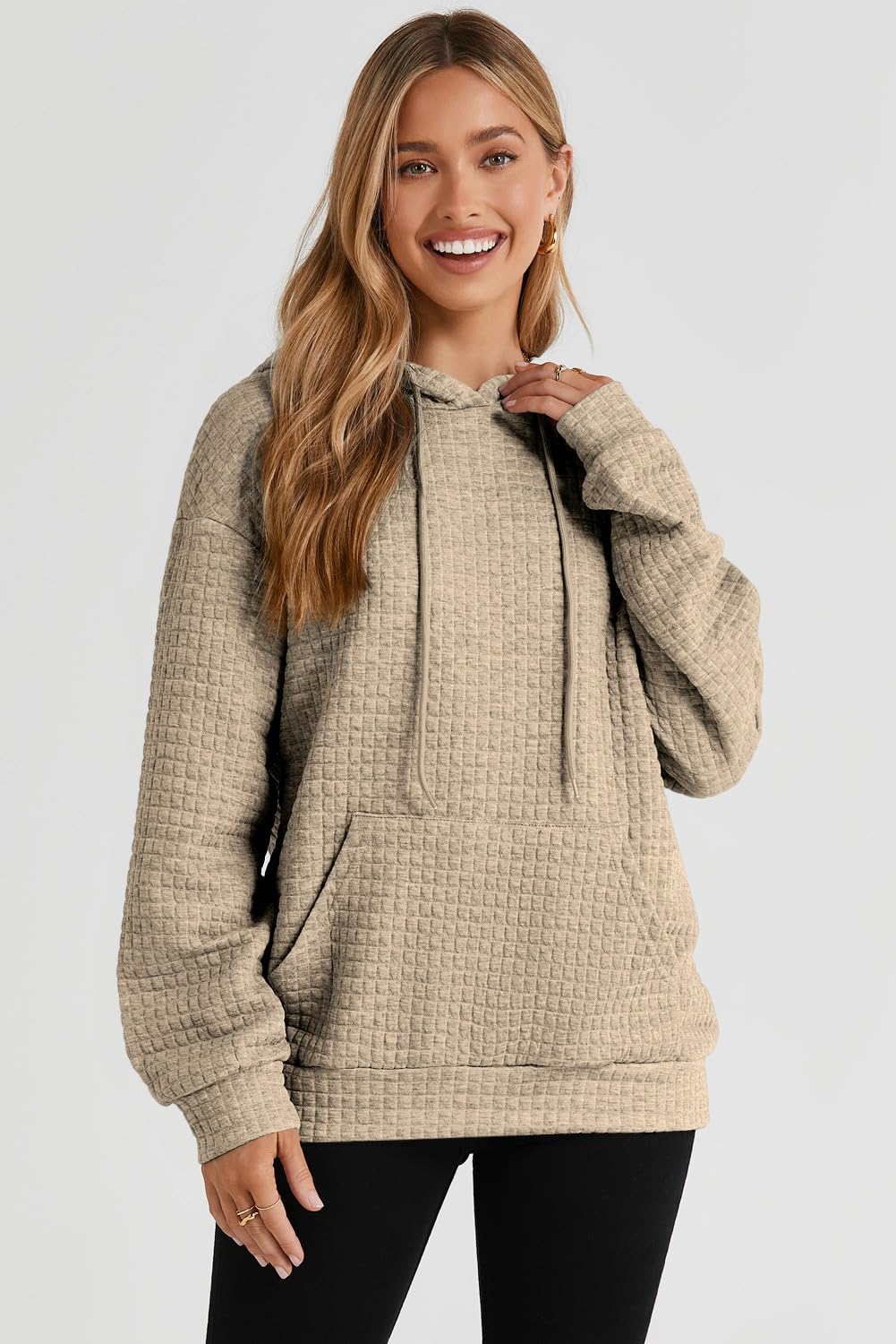 SHEWIN Womens Hoodies Casual Long Sleeve Drawstring Waffle Hoodie Pullover Sweatshirts Loose Hooded Sweatshirt for Women Trendy Fall Tops,US 12-14(L),Khaki