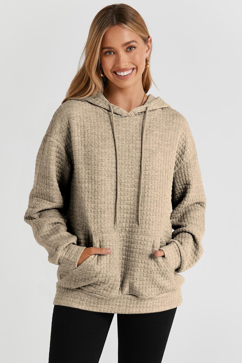 SHEWIN Womens Hoodies Casual Long Sleeve Drawstring Waffle Hoodie Pullover Sweatshirts Loose Hooded Sweatshirt for Women Trendy Fall Tops,US 12-14(L),Khaki