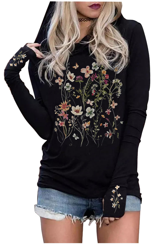 CHUNTIANRAN Hoodies for Women Floral Graphic Pullover Tops Ladies Lightweight Sweatshirts Hoodie Fall Tops Trendy Essentials Hoodies(Floral Black-2,Large)