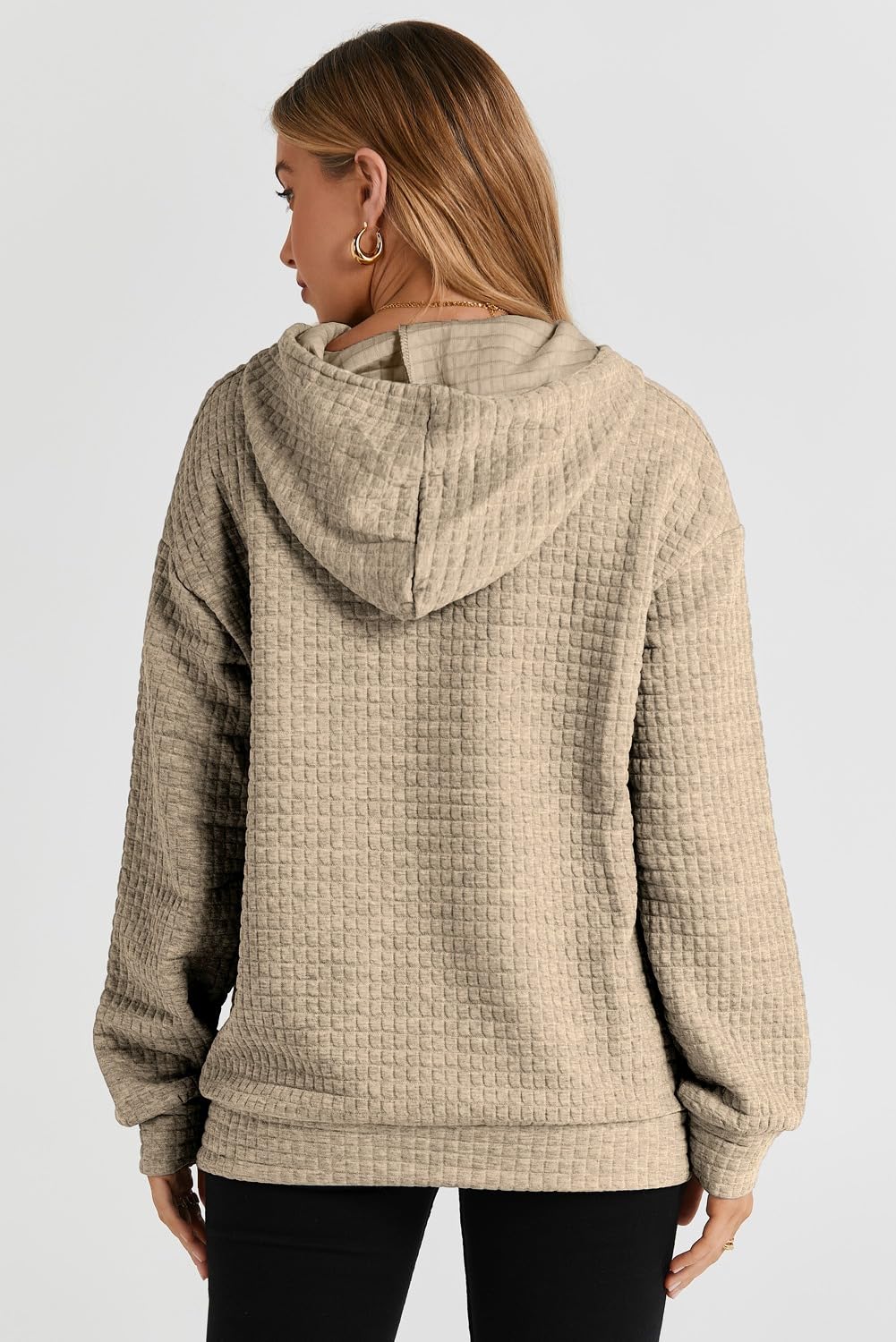 SHEWIN Womens Hoodies Casual Long Sleeve Drawstring Waffle Hoodie Pullover Sweatshirts Loose Hooded Sweatshirt for Women Trendy Fall Tops,US 12-14(L),Khaki