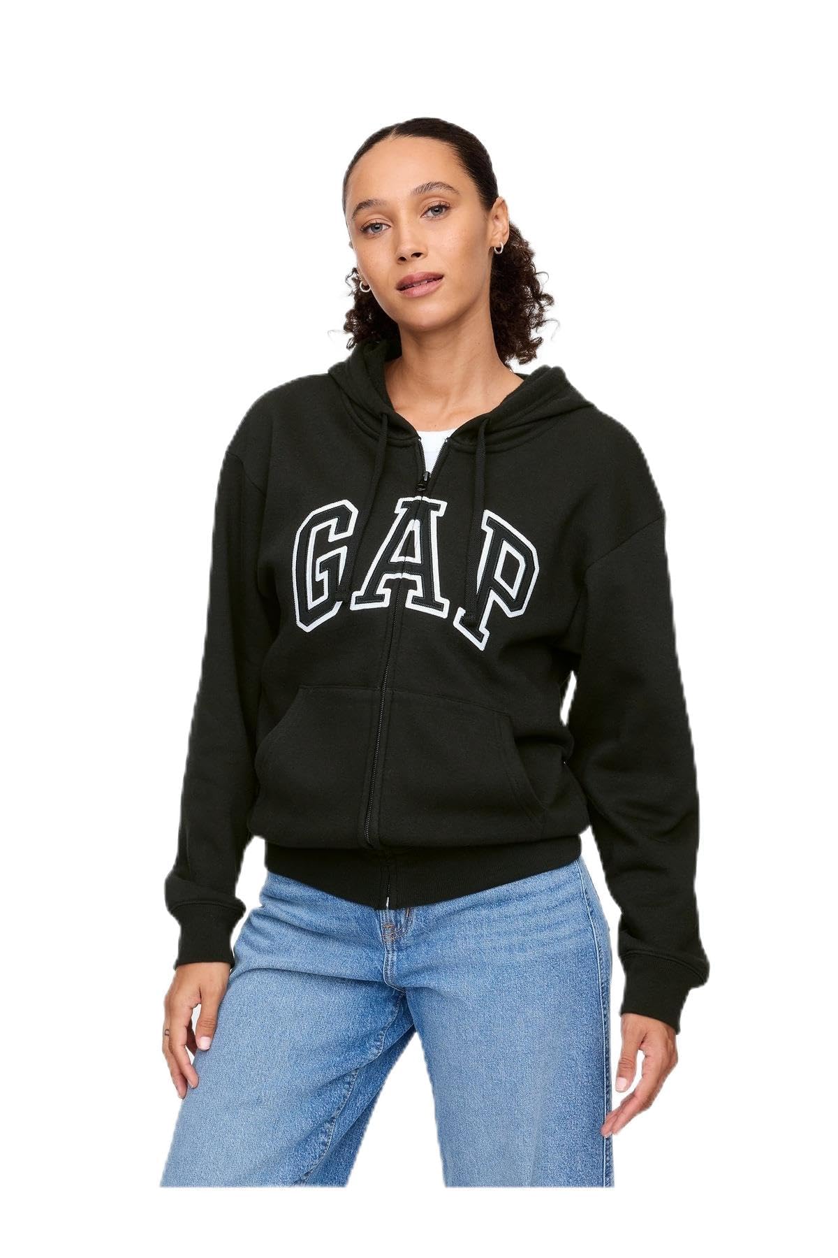 GAP Women's Logo Hoodie Hooded Full Zip Sweatshirt, True Black II, Large