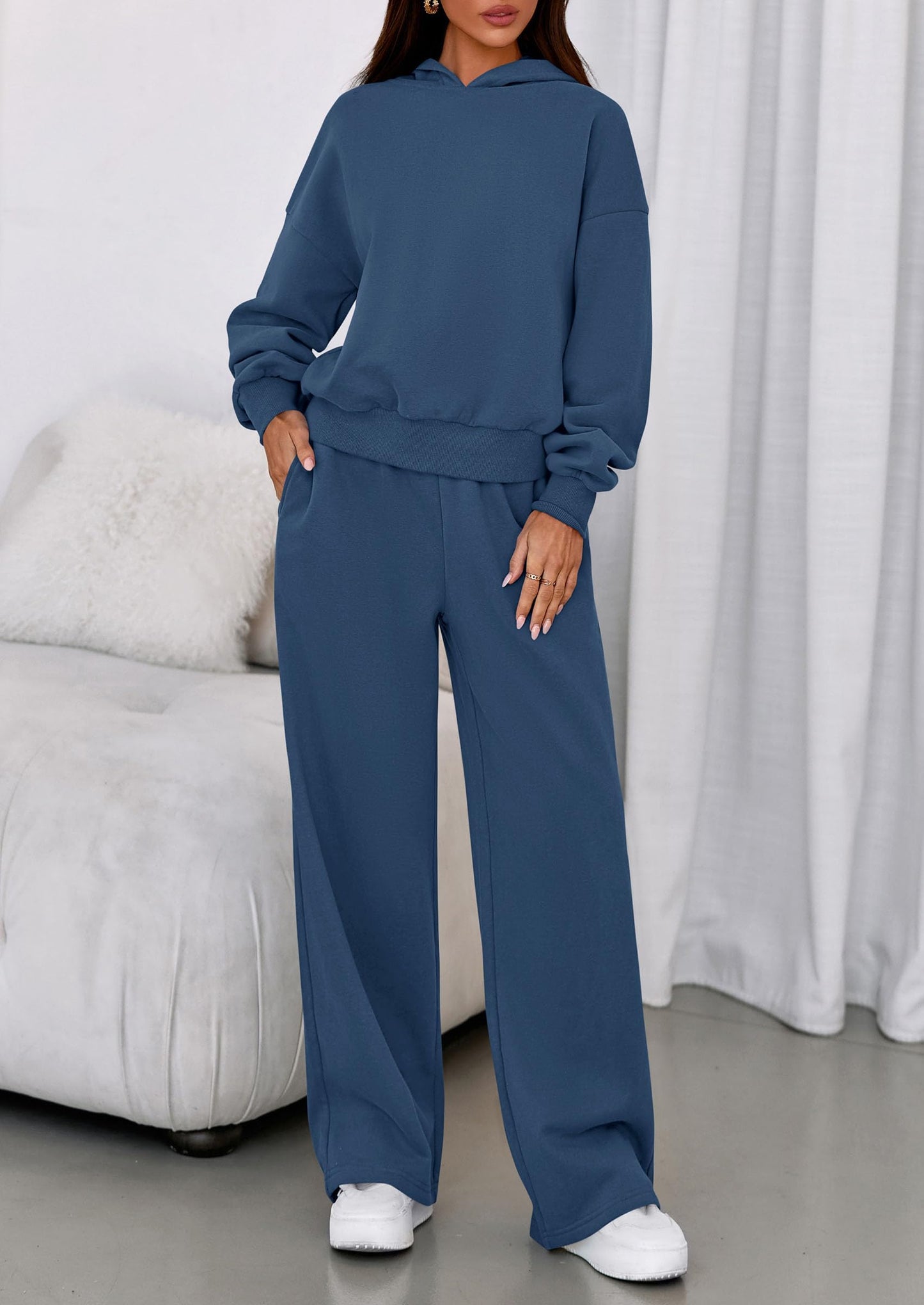 PRETTYGARDEN Womens Sweatsuits 2 Piece Set 2026 Casual Winter Long Sleeve Hoodie Loose Wide Leg Sweatpants Fall Tracksuit (Grey Blue,Small)