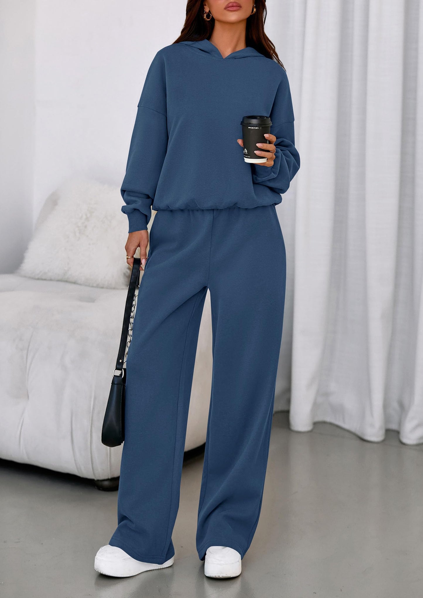 PRETTYGARDEN Womens Sweatsuits 2 Piece Set 2026 Casual Winter Long Sleeve Hoodie Loose Wide Leg Sweatpants Fall Tracksuit (Grey Blue,Small)