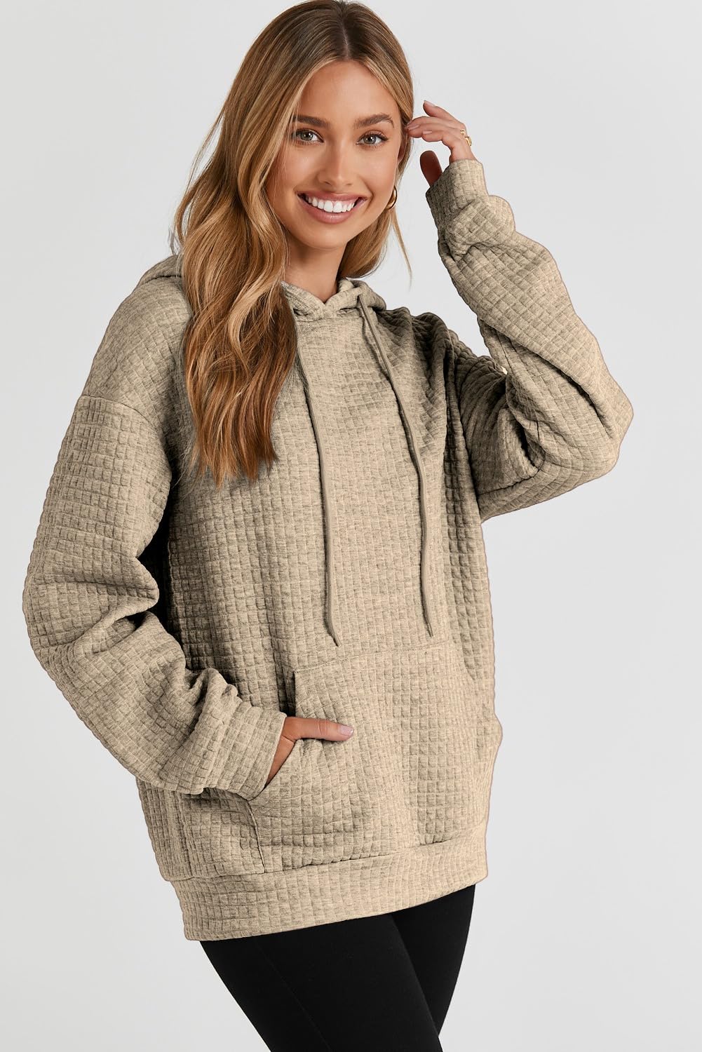 SHEWIN Womens Hoodies Casual Long Sleeve Drawstring Waffle Hoodie Pullover Sweatshirts Loose Hooded Sweatshirt for Women Trendy Fall Tops,US 12-14(L),Khaki