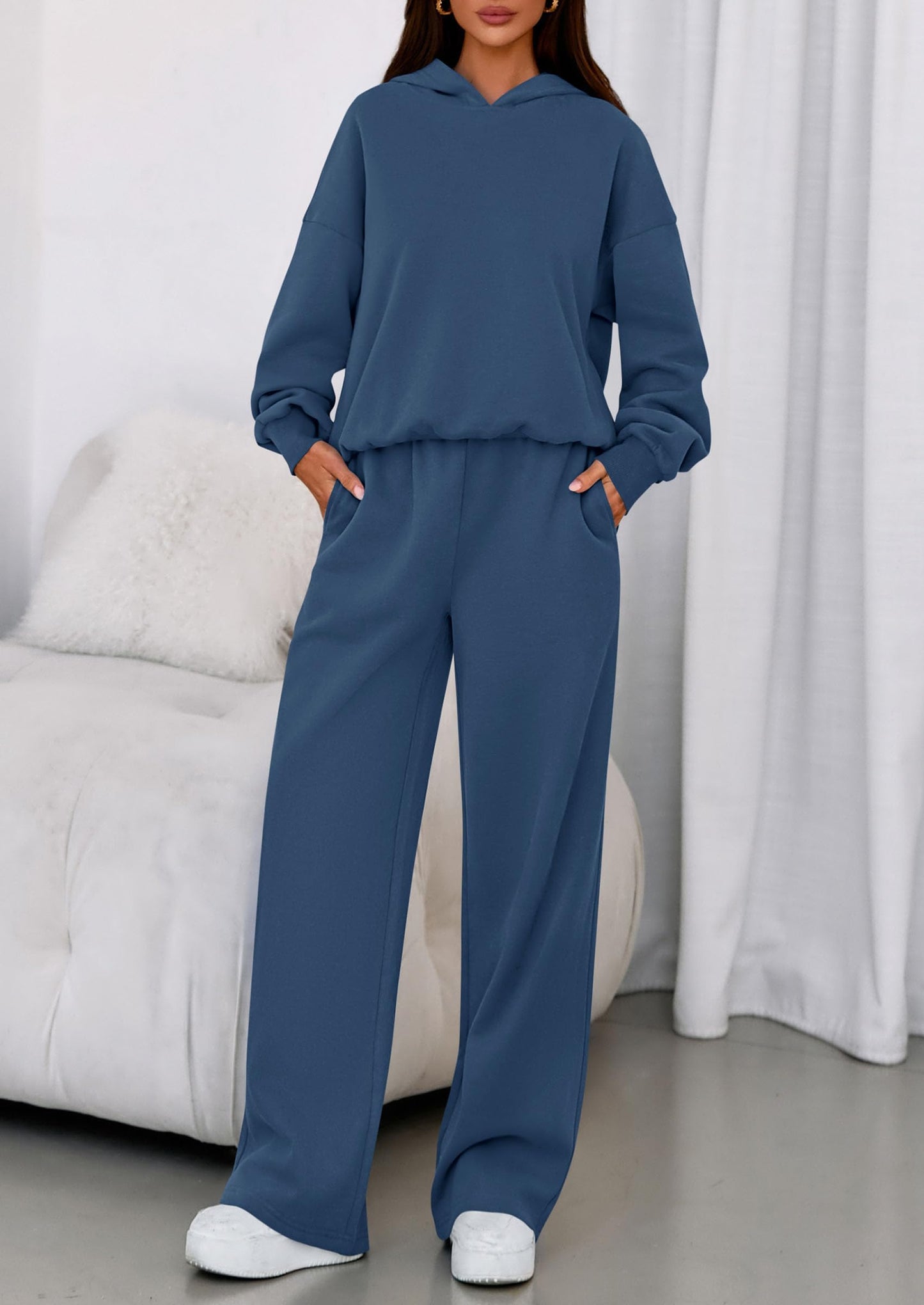 PRETTYGARDEN Womens Sweatsuits 2 Piece Set 2026 Casual Winter Long Sleeve Hoodie Loose Wide Leg Sweatpants Fall Tracksuit (Grey Blue,Small)