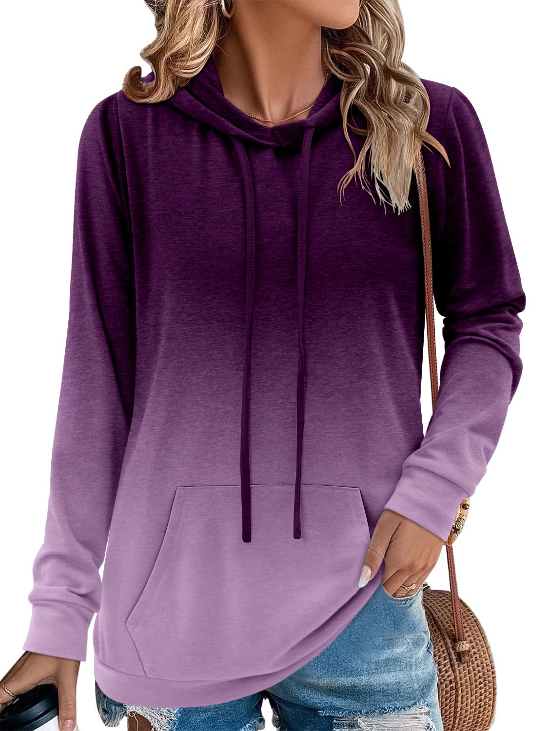 onlypuff Hoodies for Women Tie Dye Hooded Sweatshirts Trendy Teen Girls Fashion Fall Tunic Tops Dressy Shirt Purple XXL