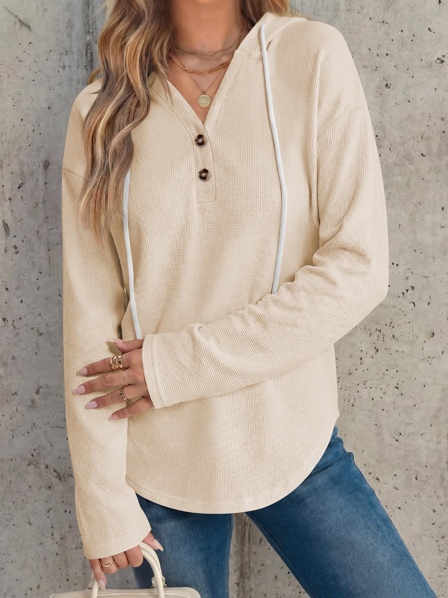 ANRABESS Waffle Knit Hoodies for Women Lightweight Sweatshirt Beige L