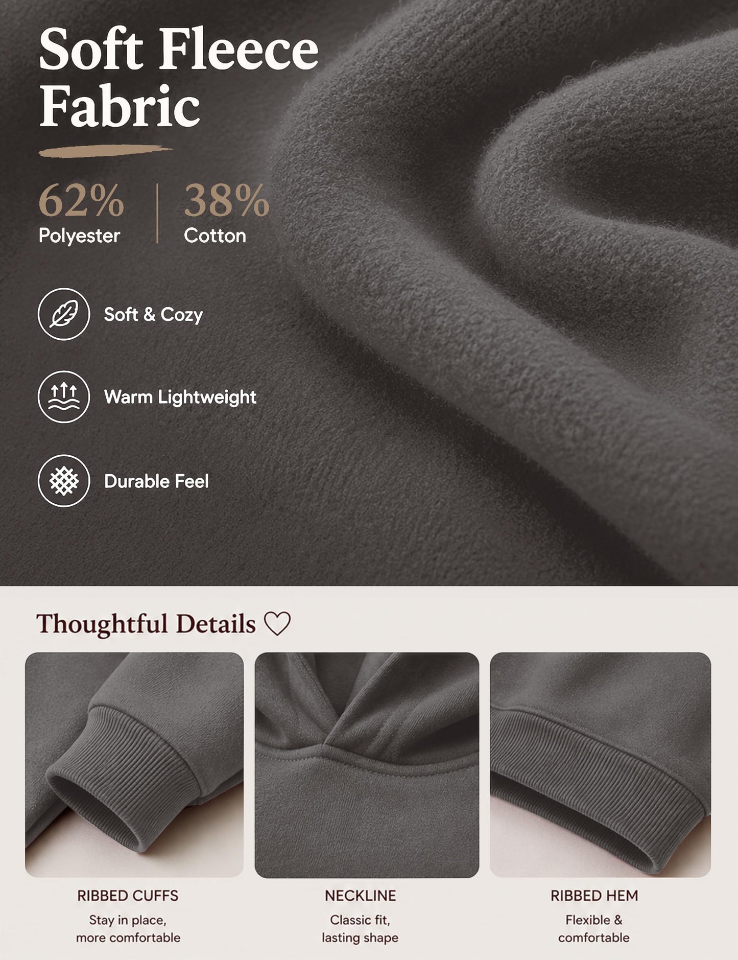 Lauweion Women Solid Basic Fleece Letter Loose Hoodie Sweatshirt Long Sleeve Kangaroo Pocket Drop Shoulder Pullovers Top Dark Grey