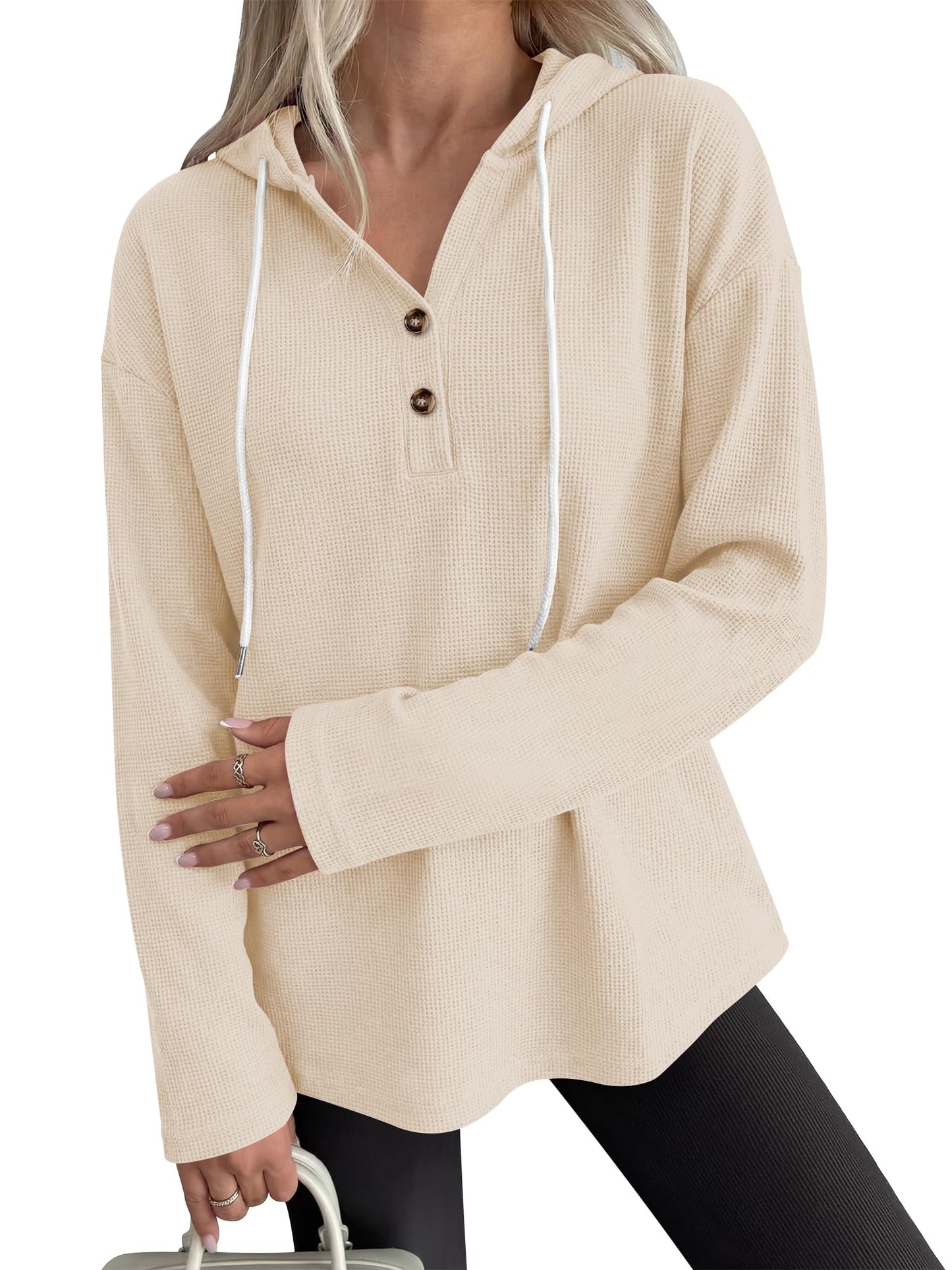 ANRABESS Waffle Knit Hoodies for Women Lightweight Sweatshirt Beige L