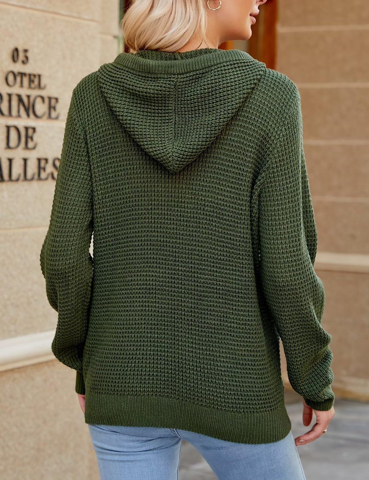 CiCiBird Women's Fall Hoodies Sweater V Neck Waffle Knit Top with Pocket Green L