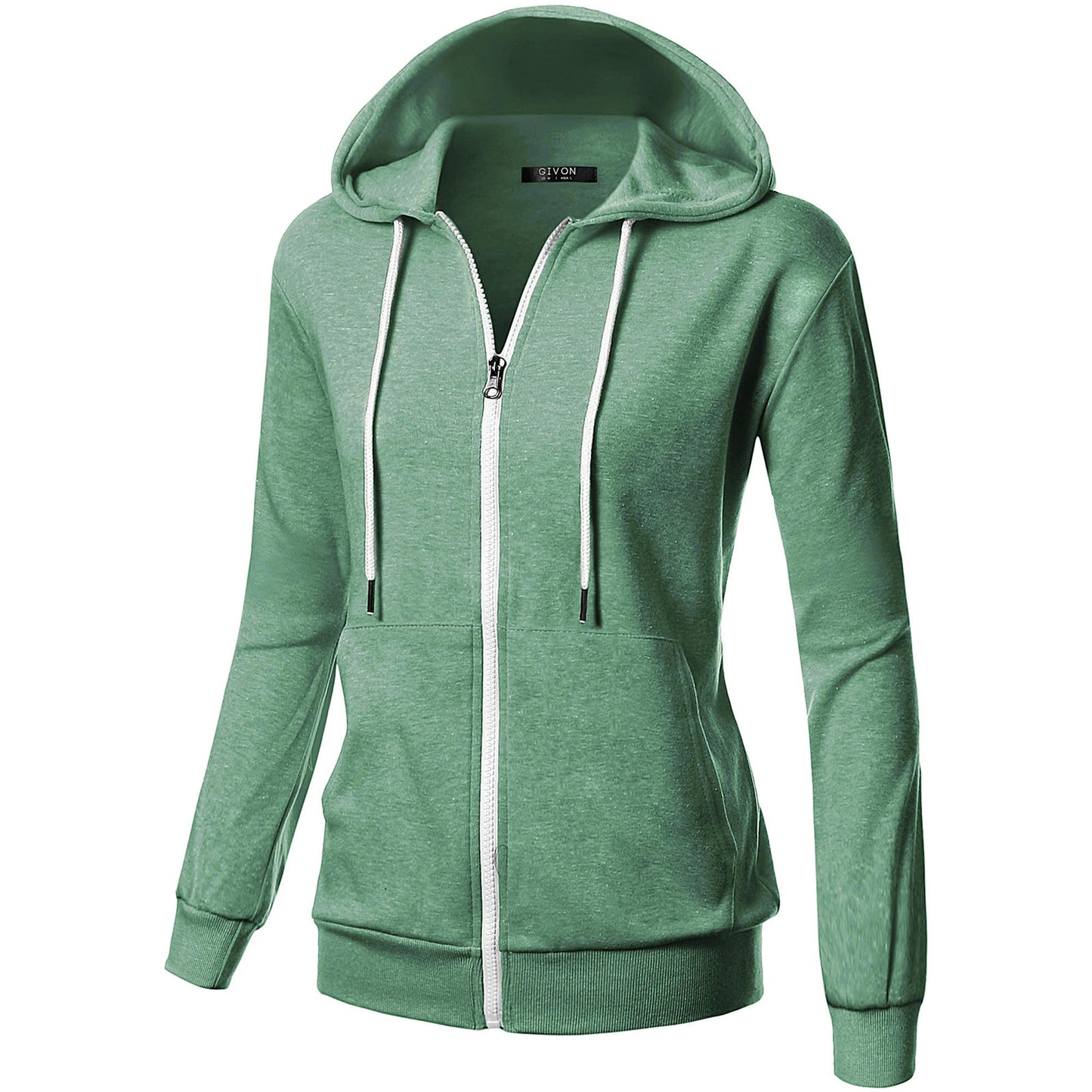 GIVON Womens Casual Zip Up Hoodie Cotton Blend Soft Fabric Basic Layering Hooded Jacket with Kangaroo Pocket / DCF200-JADEGREEN-L