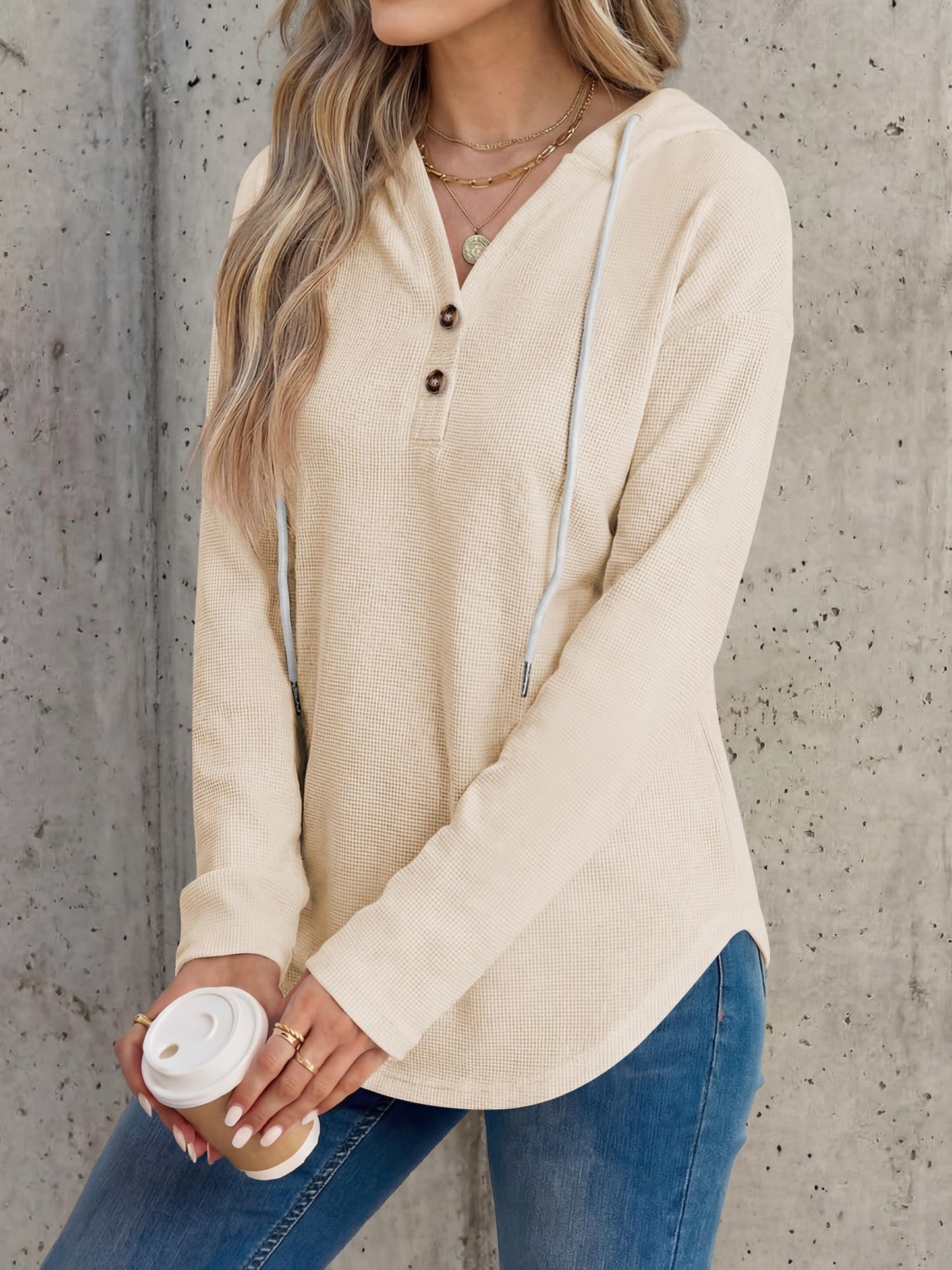 ANRABESS Waffle Knit Hoodies for Women Lightweight Sweatshirt Beige L
