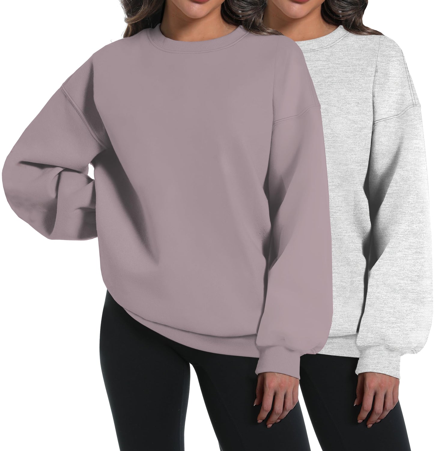 XFIFM 2 Pack Womens Oversized Sweatshirts Hoodies Long Sleeve Tops Fall Winter Clothes Crewneck Cozy Outfits Pullover Grey/Brown