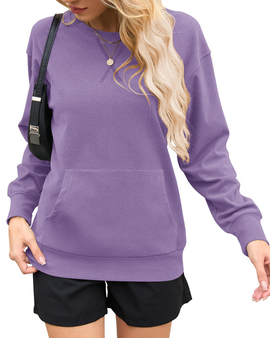 AUSELILY Crewneck Hoodless Hoodies Women Purple Sweatshirt Kangaroo Pockets
