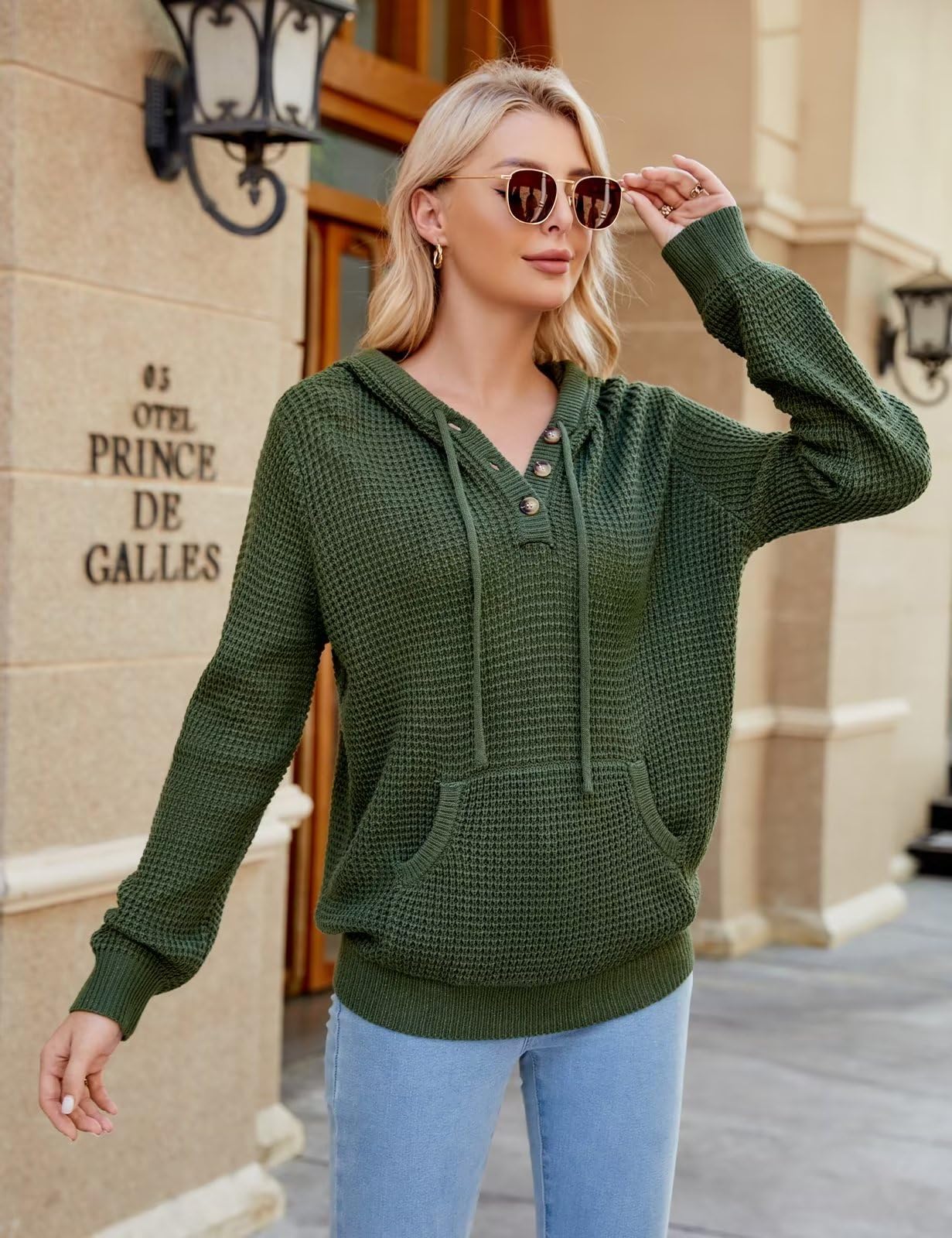 CiCiBird Women's Fall Hoodies Sweater V Neck Waffle Knit Top with Pocket Green L