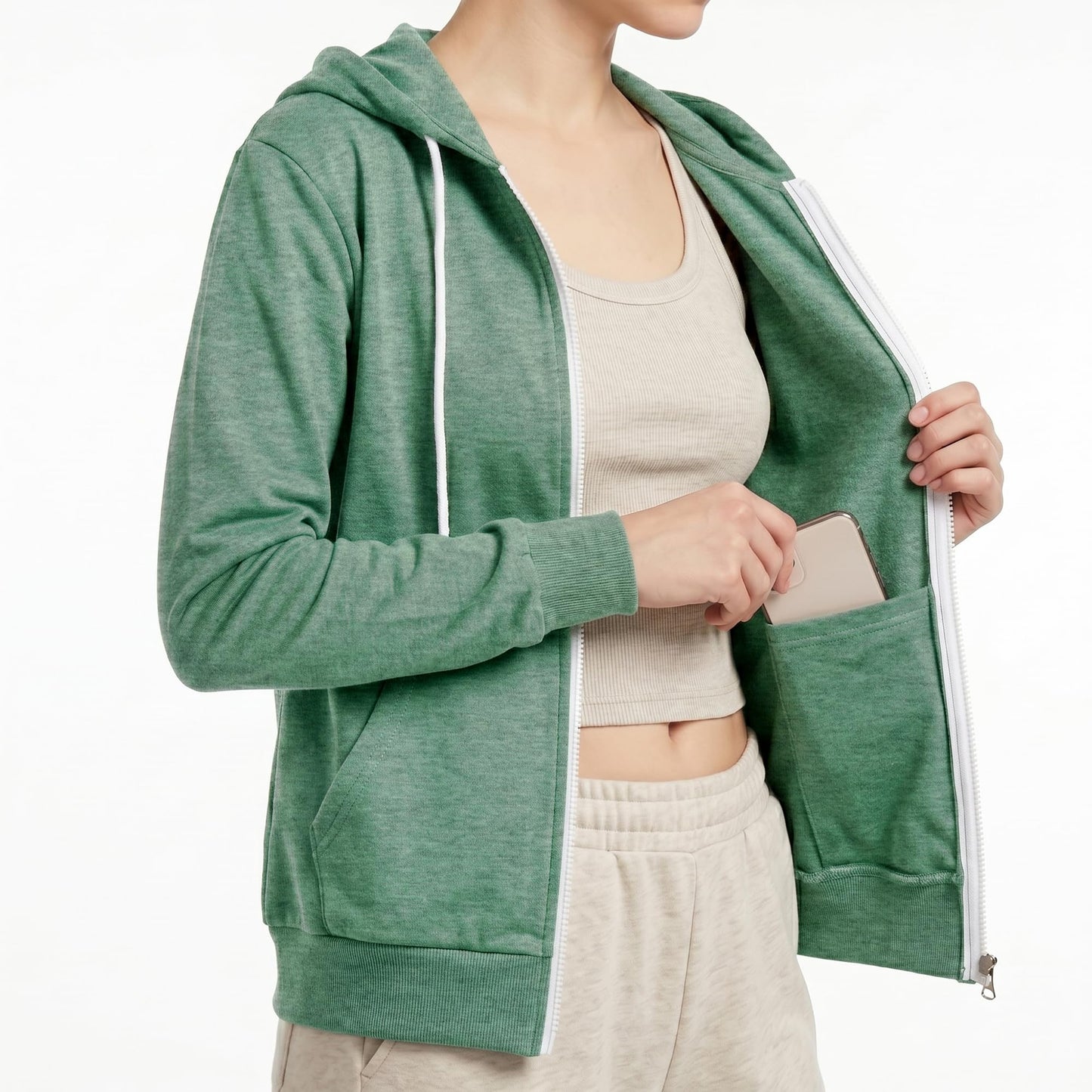 GIVON Womens Casual Zip Up Hoodie Cotton Blend Soft Fabric Basic Layering Hooded Jacket with Kangaroo Pocket / DCF200-JADEGREEN-L